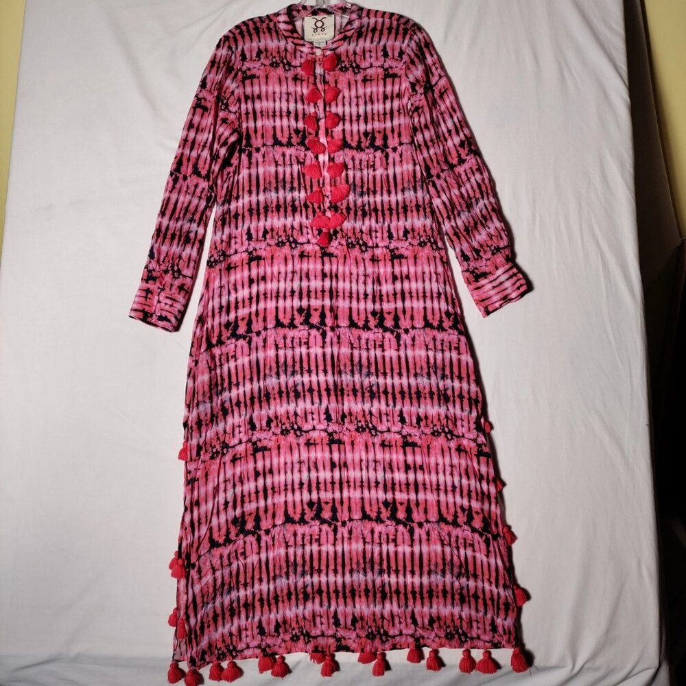 FIGUE Women's Dress Sz S L/S Button front, tassels, long side slits Pinks Reds